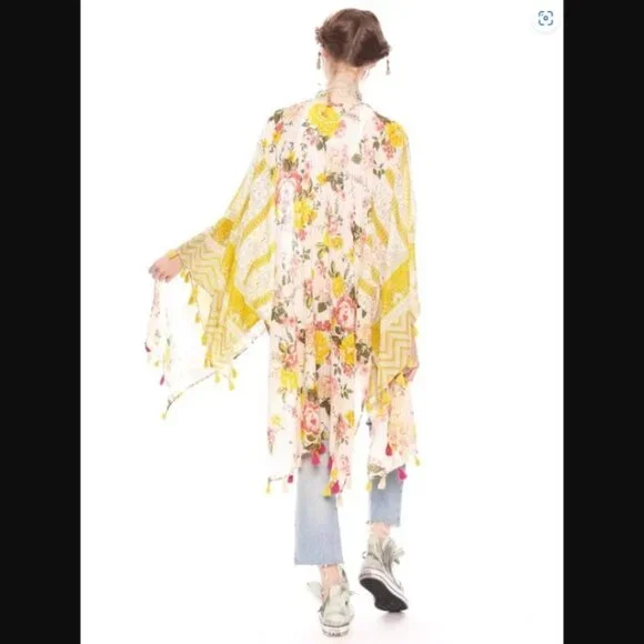 Aratta Silent Journey Floral Boho Color Story Kimono with fringe One size NWT